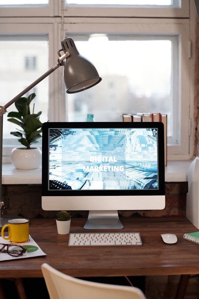 The Art of Drawing Readers In: Your attractive post title goes here Contemporary home office desk with digital marketing screen, perfect for remote work inspiration.